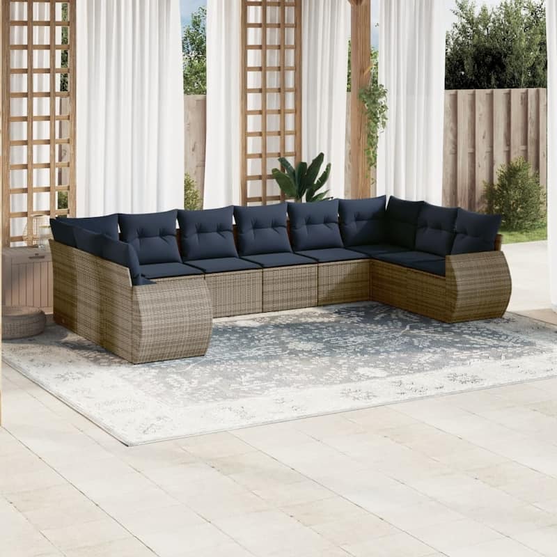 vidaXL 10 Piece Patio Sofa Set with Cushions Grey Poly Rattan - 24.4" x 24.4" x 27.2" - Grey and blue Without table