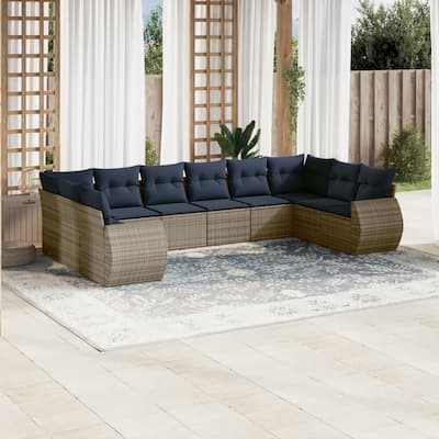 vidaXL 10 Piece Patio Sofa Set with Cushions Grey Poly Rattan - 24.4" x 24.4" x 27.2"