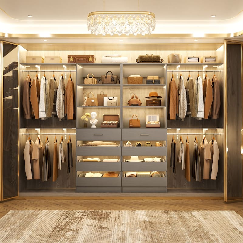 Set of 2 Closet System with Wooden Drawers and Hanging Rods, Closet Organizer with Adjustable Storage Shelves - Grey