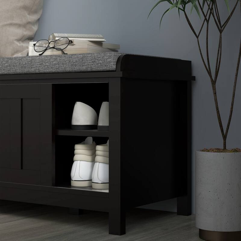 Shoe Bench Storage Ottoman with Sliding Doors, Adjustable Shelving, 6 Compartments, and Padded Seat