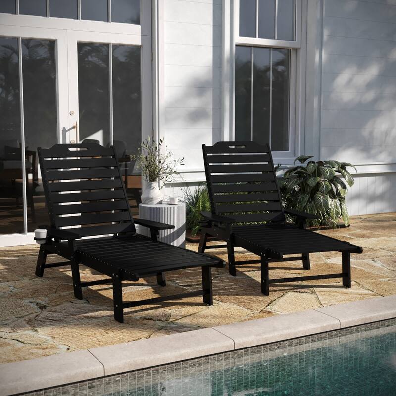 Set of 2 Outdoor Adjustable Lounge Chairs with Cupholders - Black