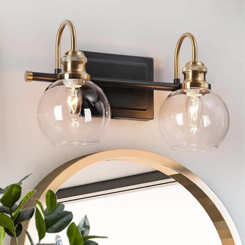 Modern 2-Light Black Gold Bathroom Vanity Lights Globe Glass Wall Sconce - 14.5" L x 7" W x 9" H