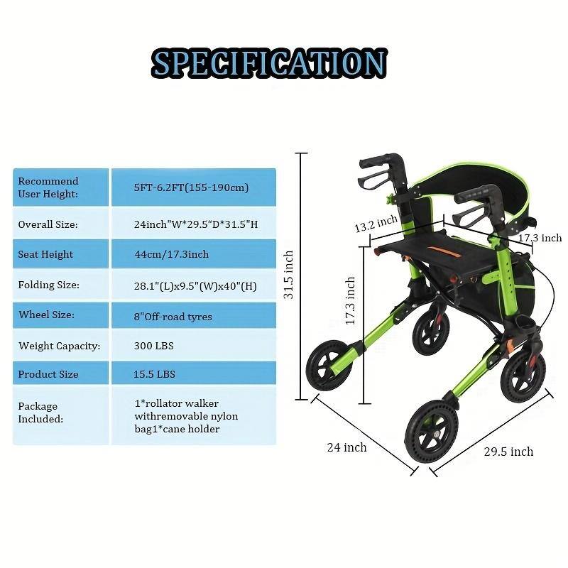 Lightweight Foldable All Terrain Rolling Walker with seat, Aluminum Walkers with 8 inch Rubber Wheels