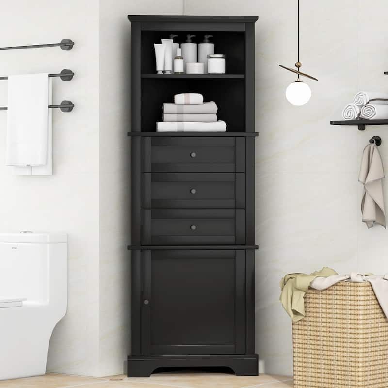 Triangle Tall Cabinet with 3 Drawers and Adjustable Shelves - Black