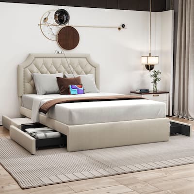 Moasis Velvet/Linen Upholstered Bedframe with Adjustable Headboard and 4 Storage Drawers
