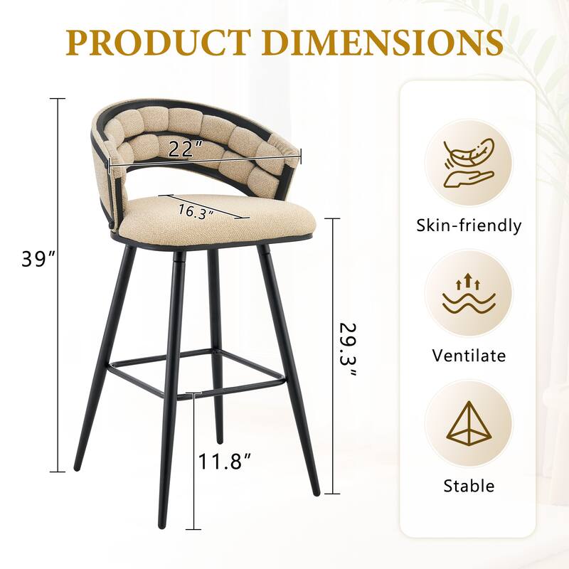 Set of 2 Velvet Bar Stools with Black Iron Legs, Modern Counter Height Stools for Home Bar