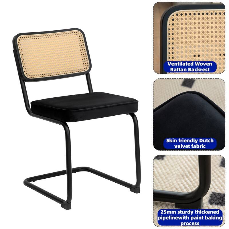 Set of 2 Upholstered Dining Chairs with Rattan Backrest and Metal Legs