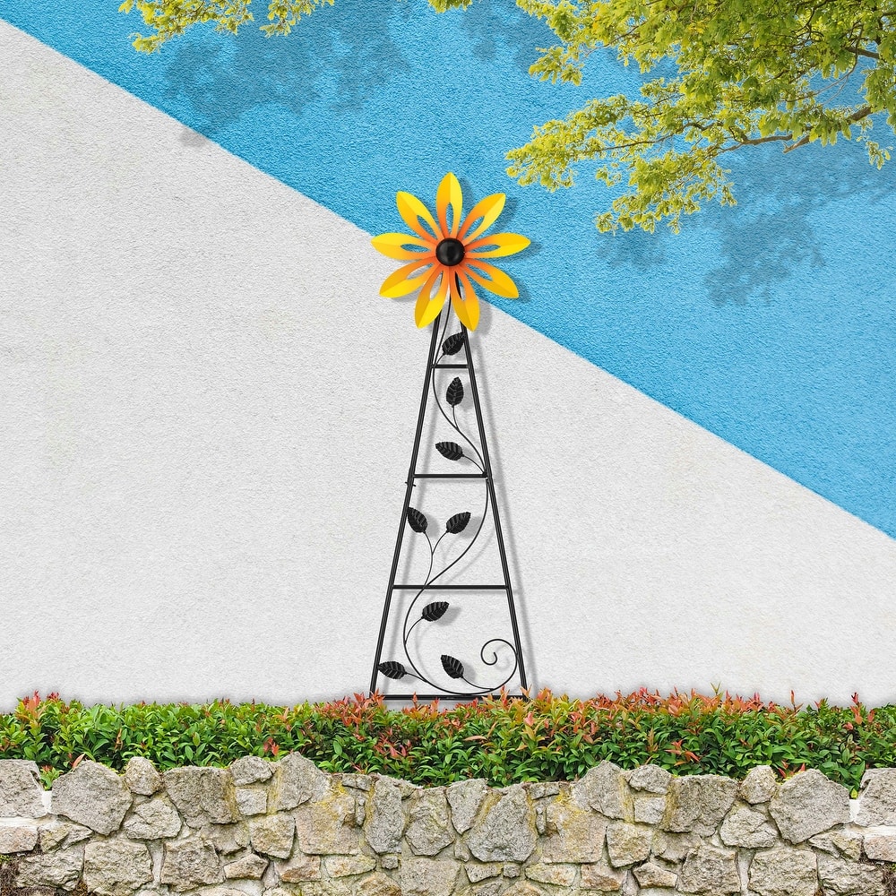 Glitzhome 44"H Glossy Painted Metal Yellow//Blue/Orange/Red Flower Wind Spinner Yard Stake