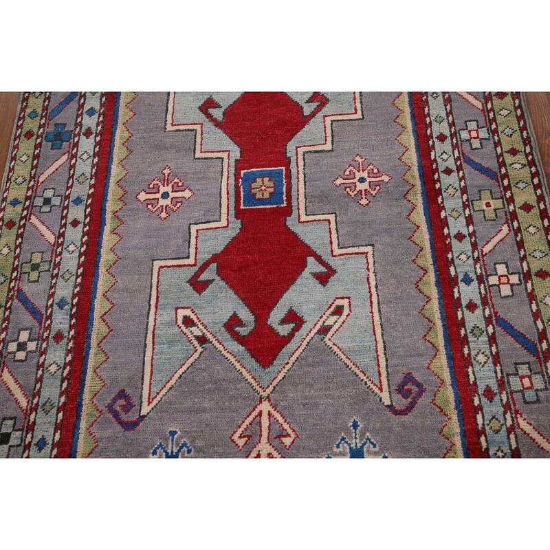 Gray Geometric Kazak Foyer Rug Handmade Oriental Wool Carpet - 3'4" x 5'5"