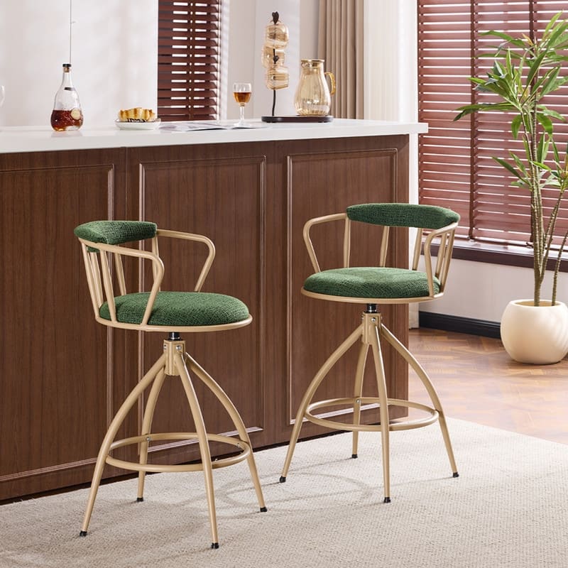 2 Piece Set of Green Swivel Bar Stools with Burlap Seat and Khaki Powder - Coated Iron Legs - N/A