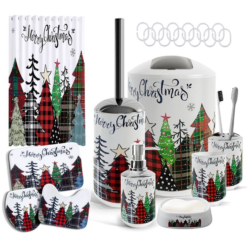 Empyrean Christmas Bathroom Set - Holiday Shower Curtain & Accessories with Soap Dispenser, Toilet Brush & Trash Can - Complete Set + Bath Rugs - Christmas