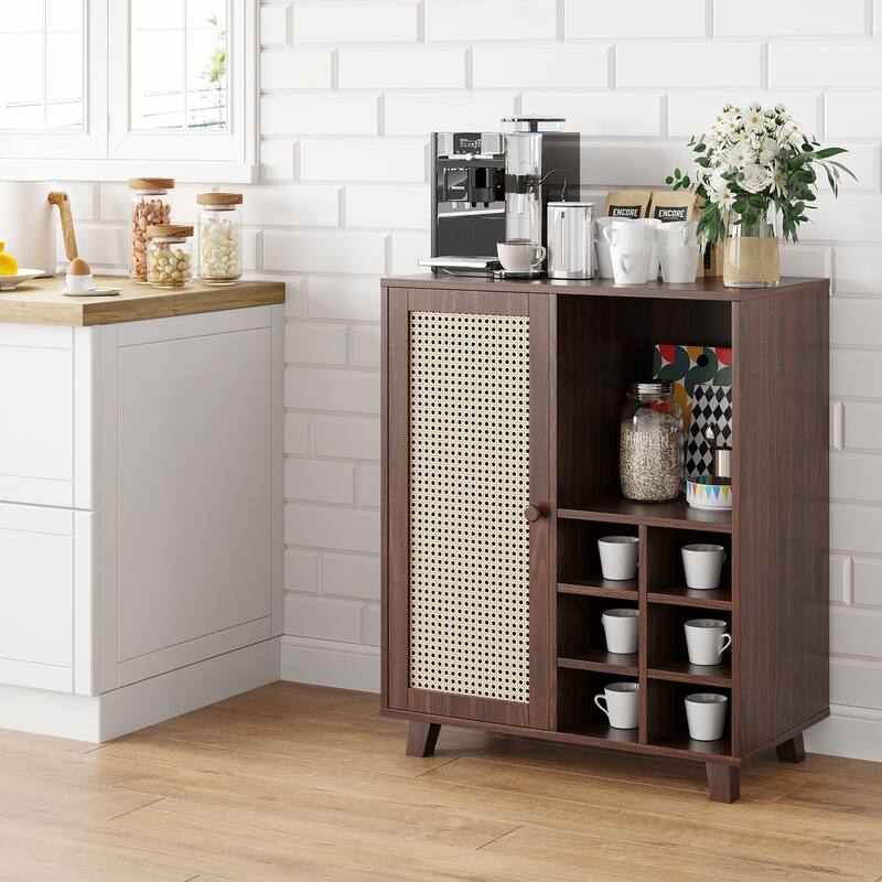 Rossetta 47'' Modern Rattan-Front Door Sideboard Cabinet with Open Shelves and Protective Foot Pads