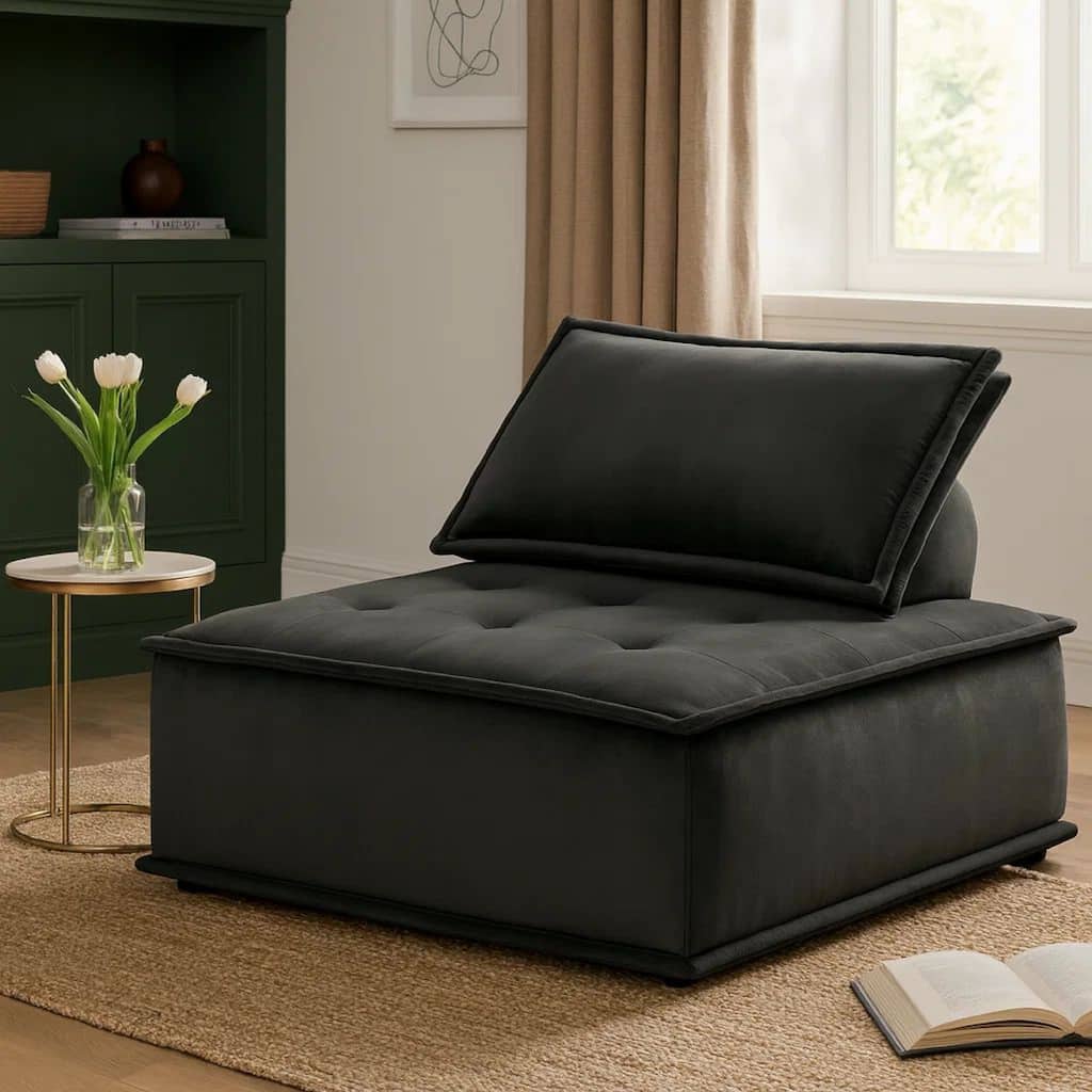 Alaya 40 Inch Foam Armless Modular Lounge Chair, Black Velvet Upholstery