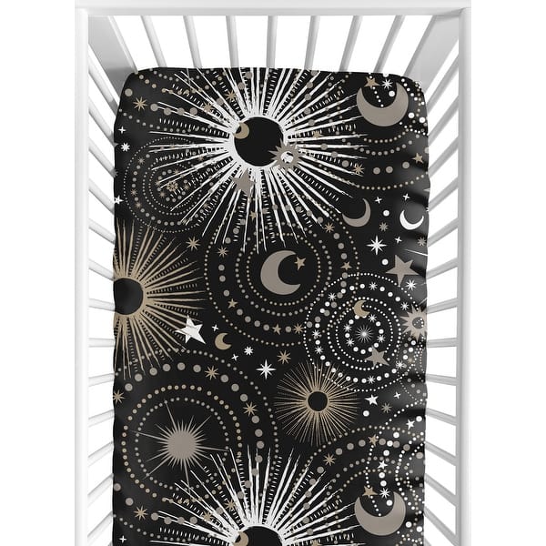 slide 2 of 6, Sweet Jojo Designs Black Space Moon and Stars Boy, Girl, Unisex/Gender Neutral Fitted Crib Sheet - Gold & Silver Celestial, Sky
