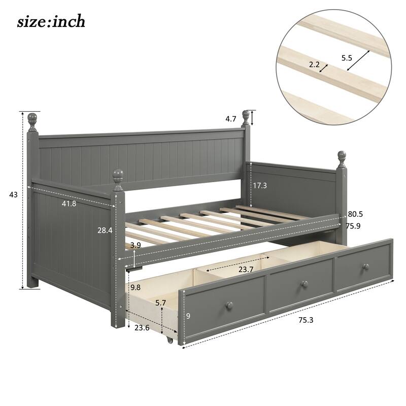 Twin Size Daybed with 3 Storage Drawers, Wooden Frame, Ideal for Kids & Guest Rooms