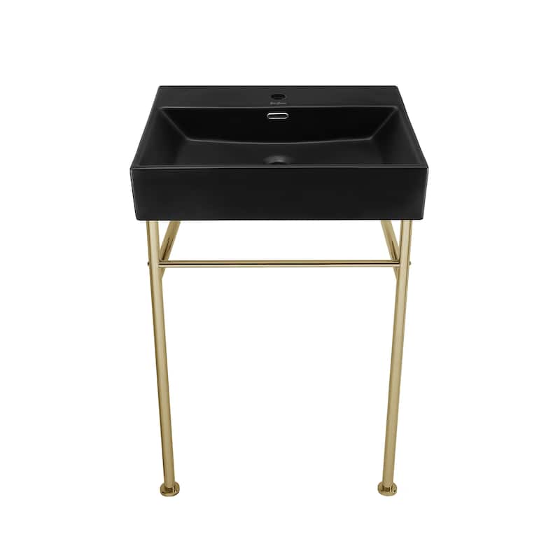 Reims 24 Ceramic Console Sink Matte Black Basin Gold Legs - 16.55" x 35.45" 24"