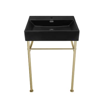 Reims 24 Ceramic Console Sink Matte Black Basin Gold Legs - 16.55" x 35.45" 24"