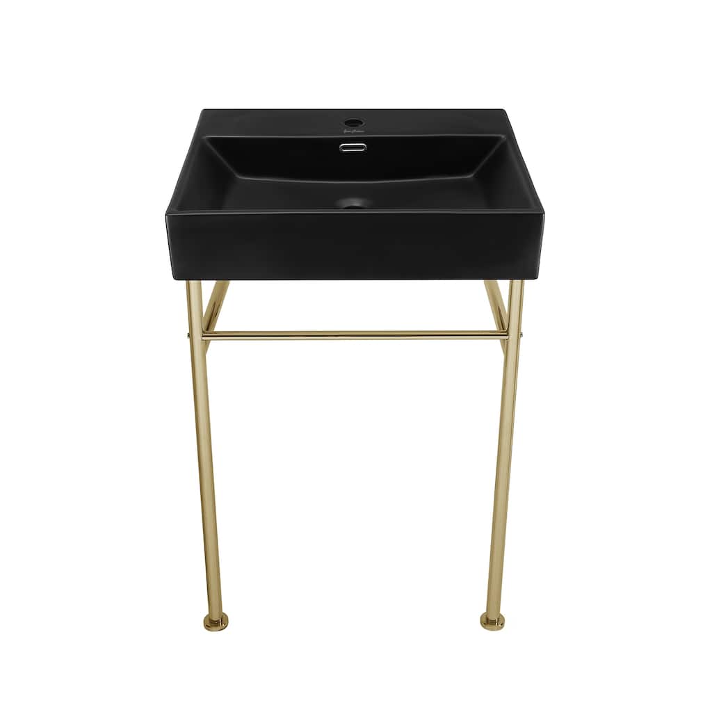 Reims 24 Ceramic Console Sink Matte Black Basin Gold Legs - 16.55" x 35.45" 24"
