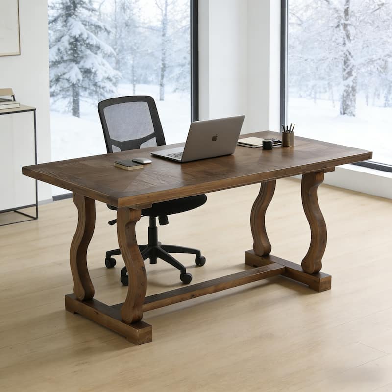 63" Solid Wood Office Executive Desk with Diamond Parquetry Top and Scroll Legs