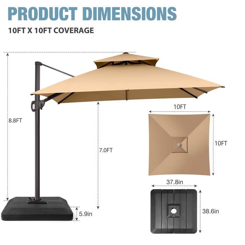VredHom Double Top 10x10 FT Square Patio Cantilever Umbrella with Weight Base
