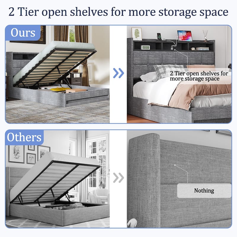 VECELO Lift Up Storage Bed Frame with LED Lights USB Charging Ports Hydraulic Platform 2-Tier Headboard Shelves Full & Queen