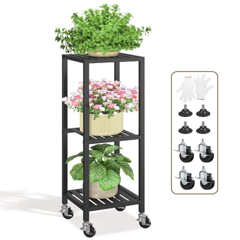 3 Tier Black Metal Plant Stand - 11.6 x 10.8 x 33.7 inches - Satin Black