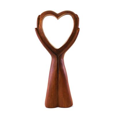 12" Wooden Handmade Abstract Sculpture Statue Handcrafted "Heart in Hand" Gift Home Decor Figurine Accent Artwork Hand Carved