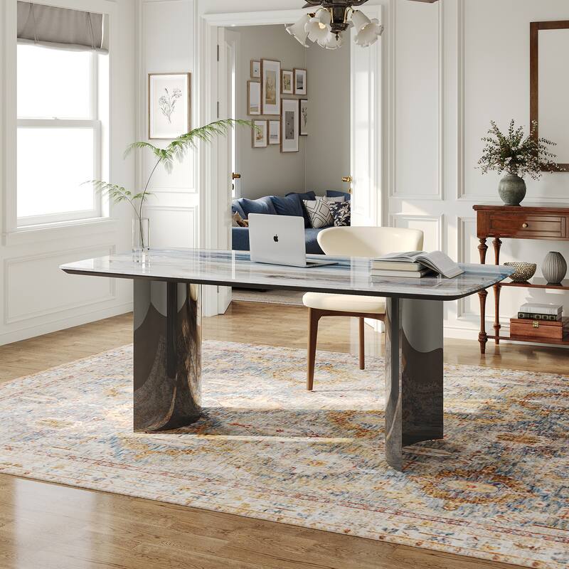 Modern 63" Retangular Wrining Desk, Faux Marble Table Top Desk With Double Legs
