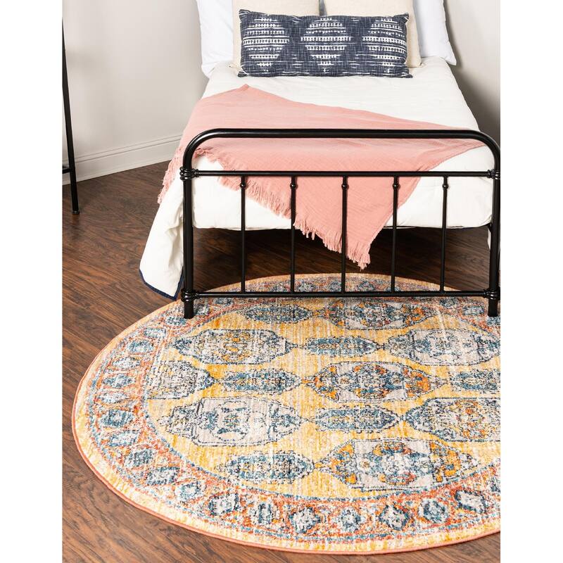 Traditional Nixa Collection Area Rug - 7' Round - Yellow
