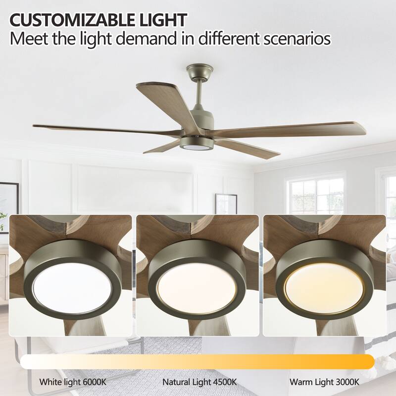 60" Wood Ceiling Fan with Light and Remote Control,6-Speed Noiseless Reversible DC Motor, Ceiling Fan