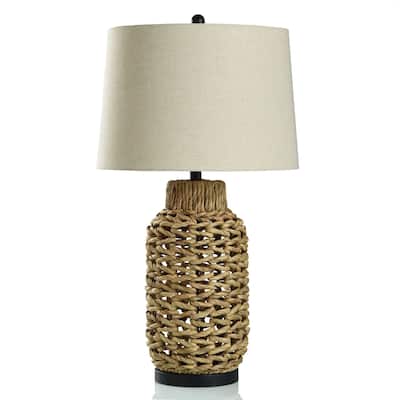 Natural Braided Hyacinth Table Lamp with Dark Bronze Base - Off-White Shade
