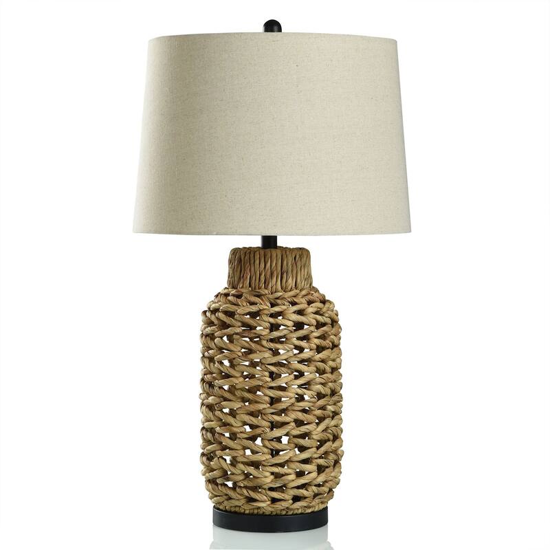 Natural Braided Hyacinth Table Lamp with Dark Bronze Base - Off-White Shade - Natural Woven, Cream