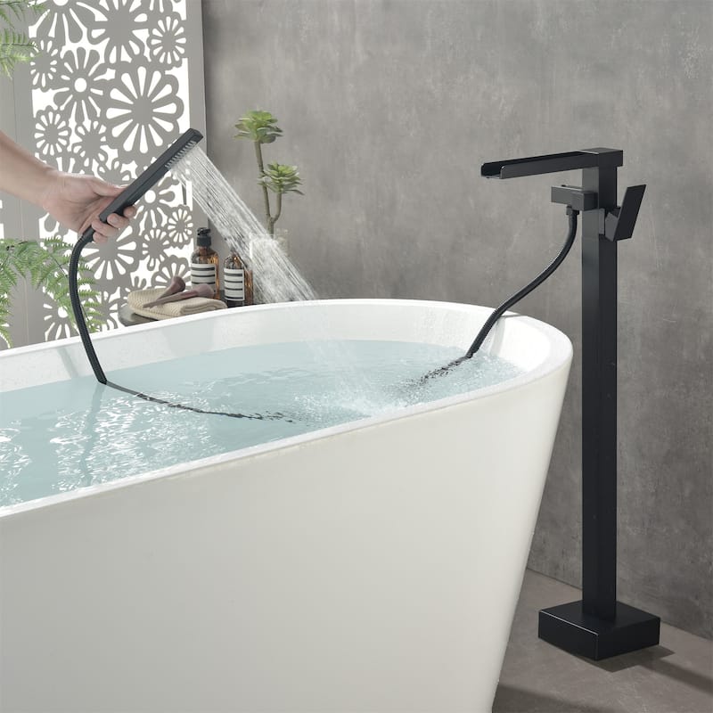 Freestanding Tub Faucet With Hand Shower Waterfall Tub Filler Floor Mount Bathtub Faucet With Handheld Shower