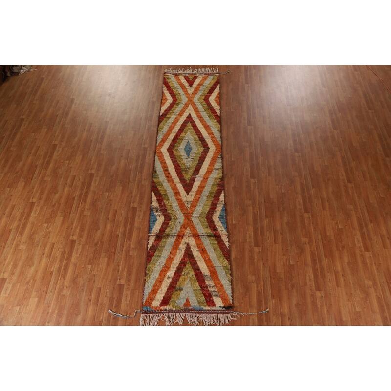 Hand Knotted Oriental 100% Wool Carpet Modern Geometric Multi-Colored Moroccan Runner Rug - 13' 3'' X 3' 2''
