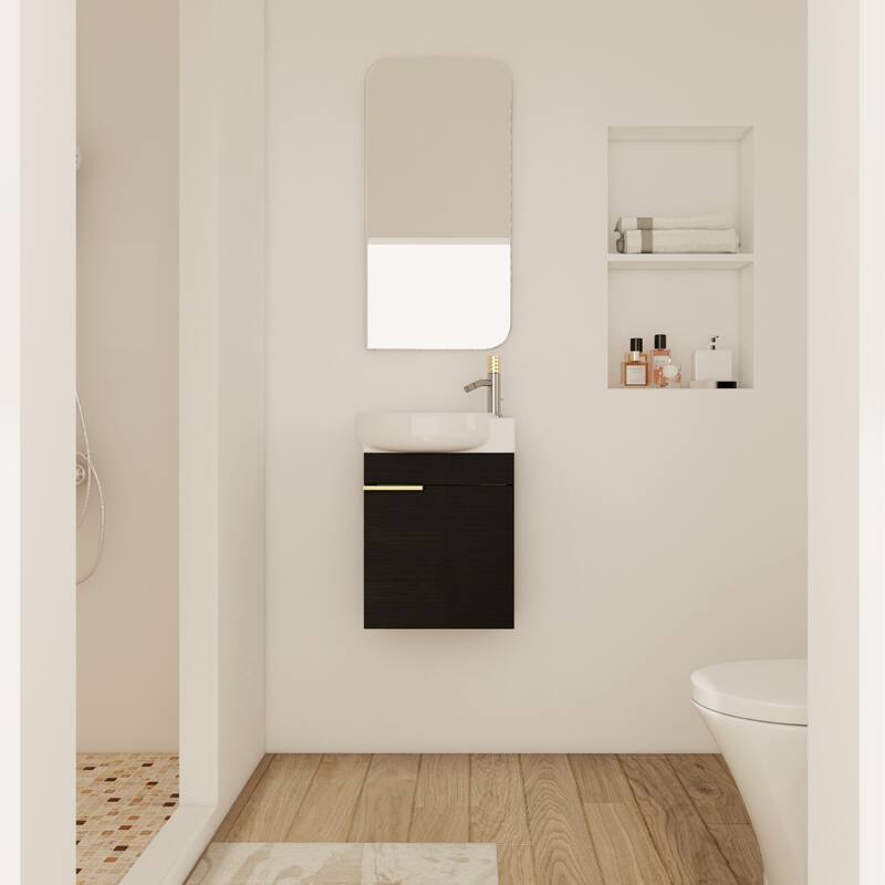 Wall Mounted Bathroom Vanity with Ceramic Sink, Soft-Close Door Hinges, Black Chestnut Finish for Small Spaces