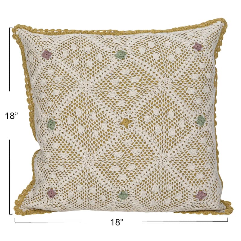 Hand-Woven Reclaimed Cotton Crocheted Pillow with Diamond Pattern - 18.0"L x 18.0"W x 0.1"H
