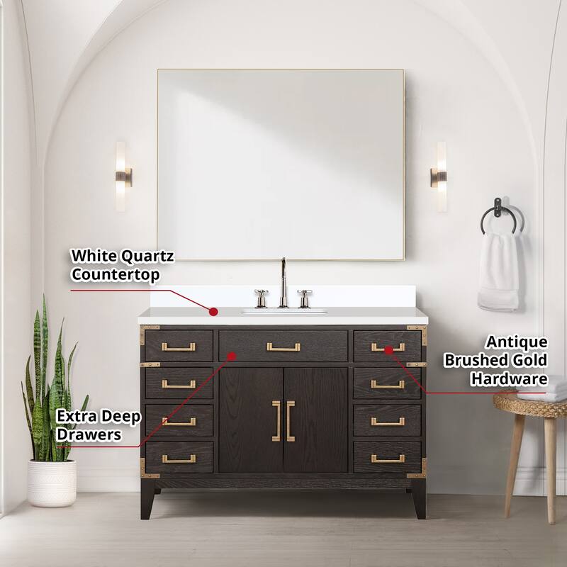 Laurel 48 in W x 22 in D Black Oak Single Bath Vanity, White Quartz Top, Faucet Set, and 46 in Mirror