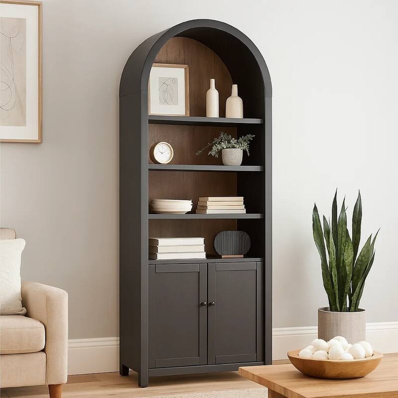 Xeny Arched Display Cabinet, 3 Shelves w 2 Doors, Black Mahogany Wood