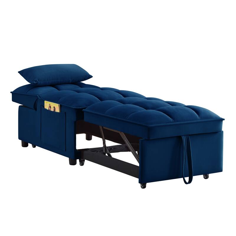 Velvet Multi-Function Chair Bed with Adjustable Backrest, Storage Pockets and Convertible Chaise Design