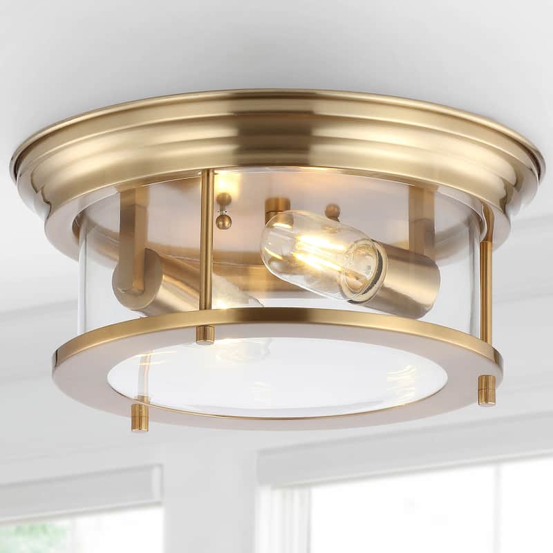 Henry 13.25" Metal/Glass LED Flush Mount, by JONATHAN Y - Brass Gold/Clear