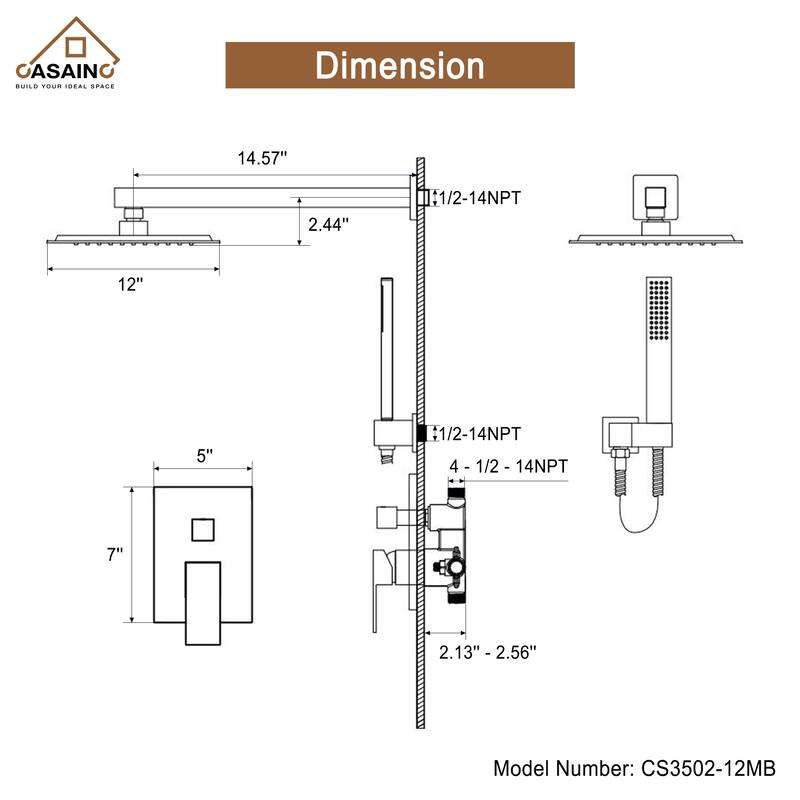 CASAINC 2-Function 12-In Wall Mounted Shower System