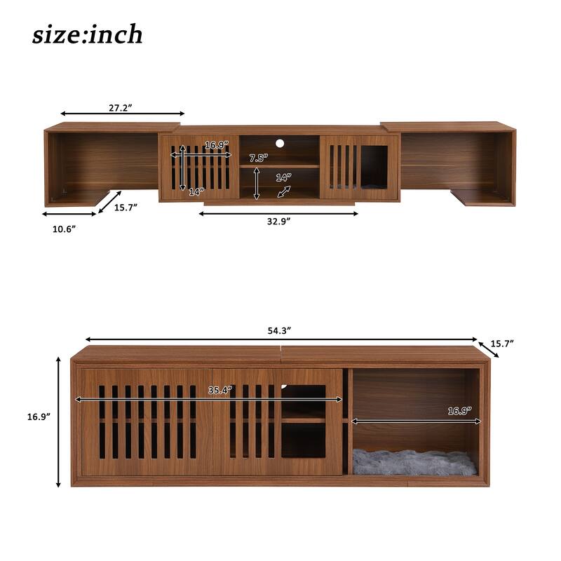 Mid-Century Modern Extendable TV Stand with Cat House & Litter Box Enclosure, Walnut Entertainment Center with Sliding Doors