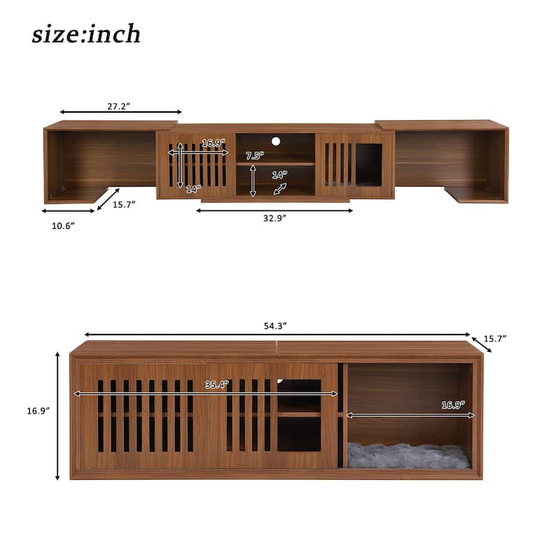 TV Stand with Slatted Doors, Cat-Friendly Private Compartments, Wood Media Console with Adjustable Length