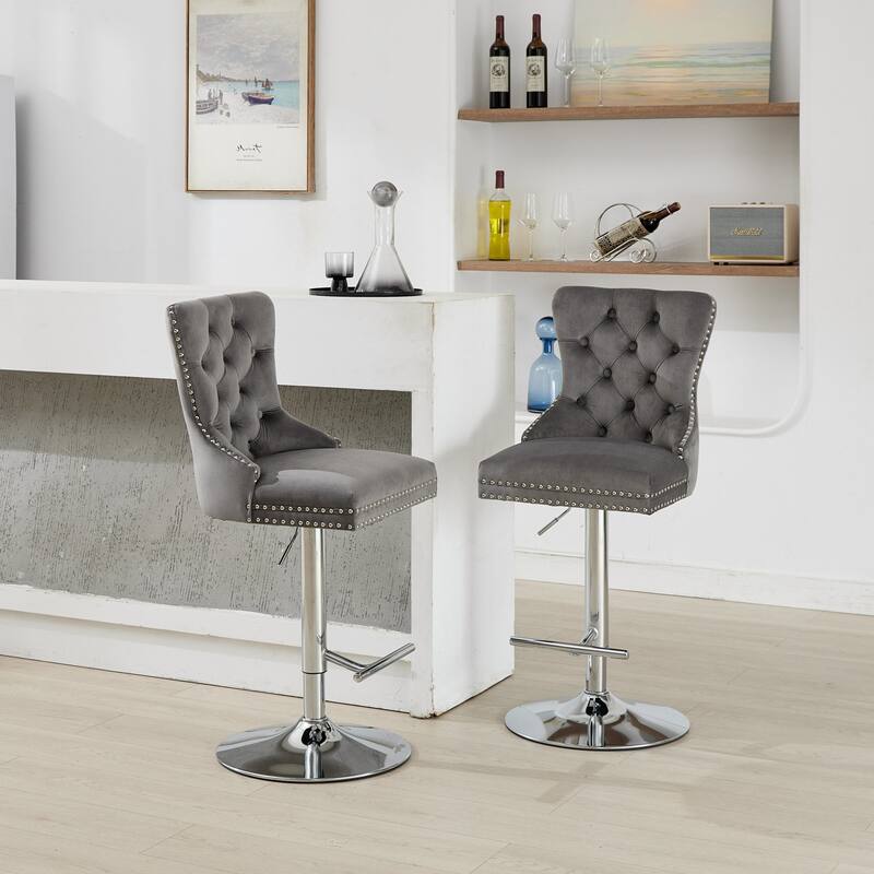 Thick Chrome Swivel Velvet Barstools,Adjustable Height,Modern Upholstered,Sponge&Spring（Set of 2)