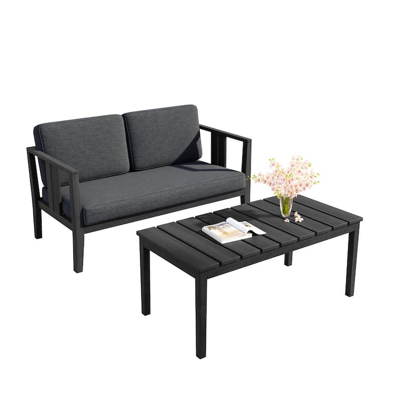 Uixe Teak Patio Loveseat with Coffee Table Outdoor Conversation Set