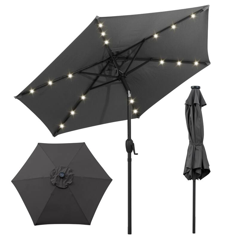 7.5 Feet Outdoor Polyester Umbrella with Solar LED Lights and Tilt Crank Mechanism