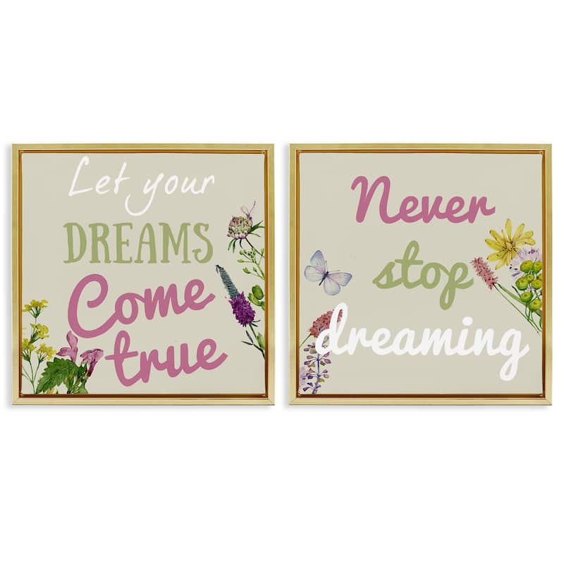 Stupell Motivational Dream Sentiments Framed Floater Canvas Wall Art Design By Kim Allen (Set of 2) - 18 x 18 - Gold