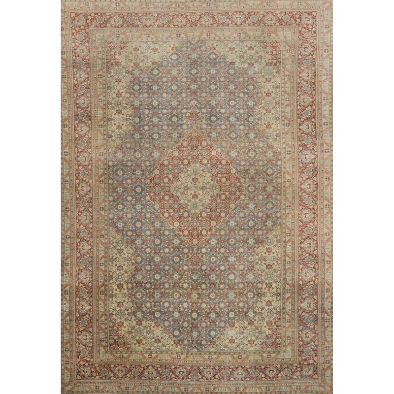 Hand Knotted Oriental 100% Wool Carpet Traditional Floral Navy Blue & Blues Tabriz Area Rug - 12' 10'' X 10' 0''