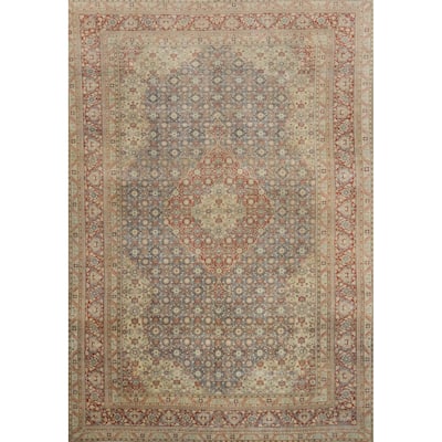 Hand Knotted Oriental 100% Wool Carpet Traditional Floral Navy Blue & Blues Tabriz Area Rug - 12' 10'' X 10' 0''