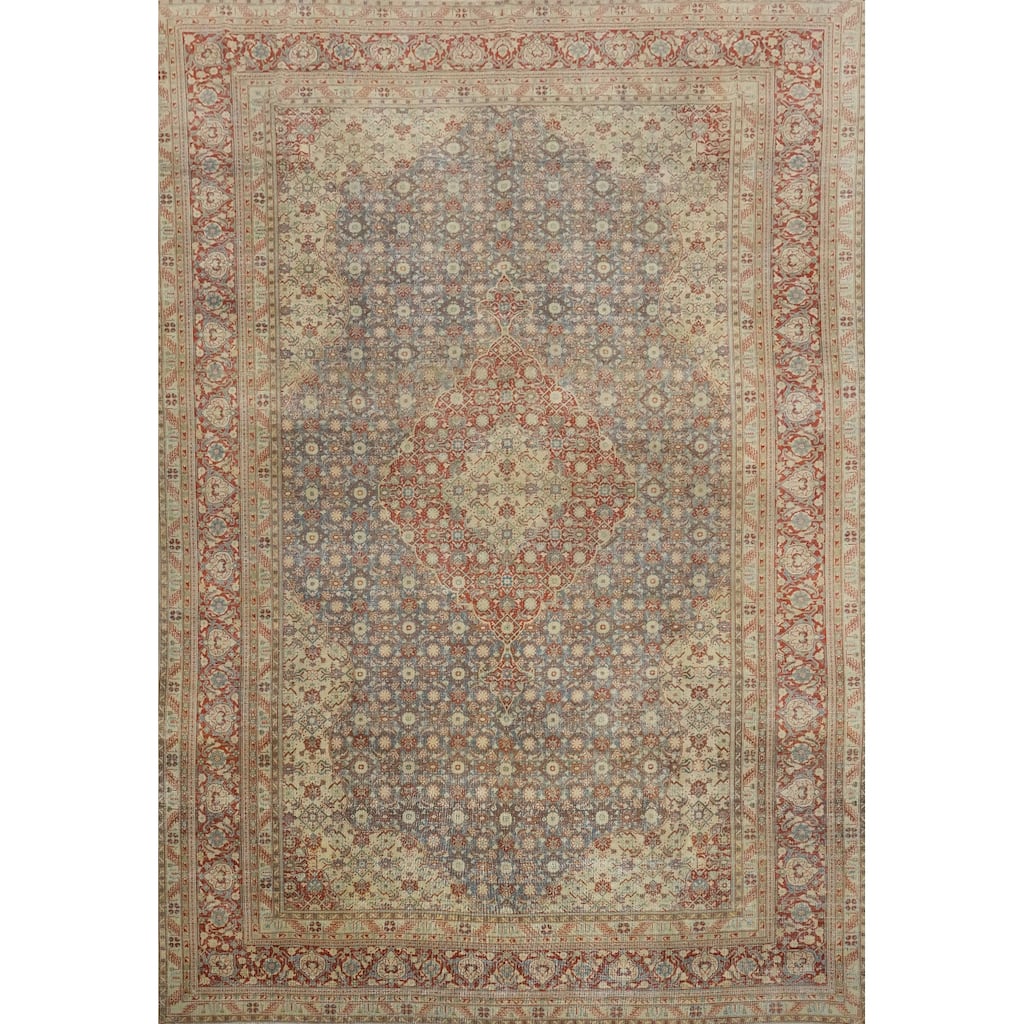 Hand Knotted Oriental 100% Wool Carpet Traditional Floral Navy Blue & Blues Tabriz Area Rug - 12' 10'' X 10' 0''